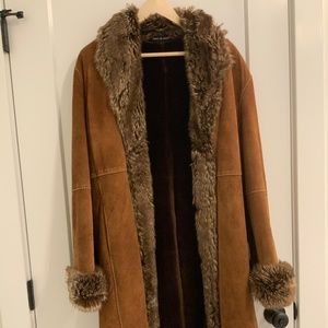 Long camel brown suede coat